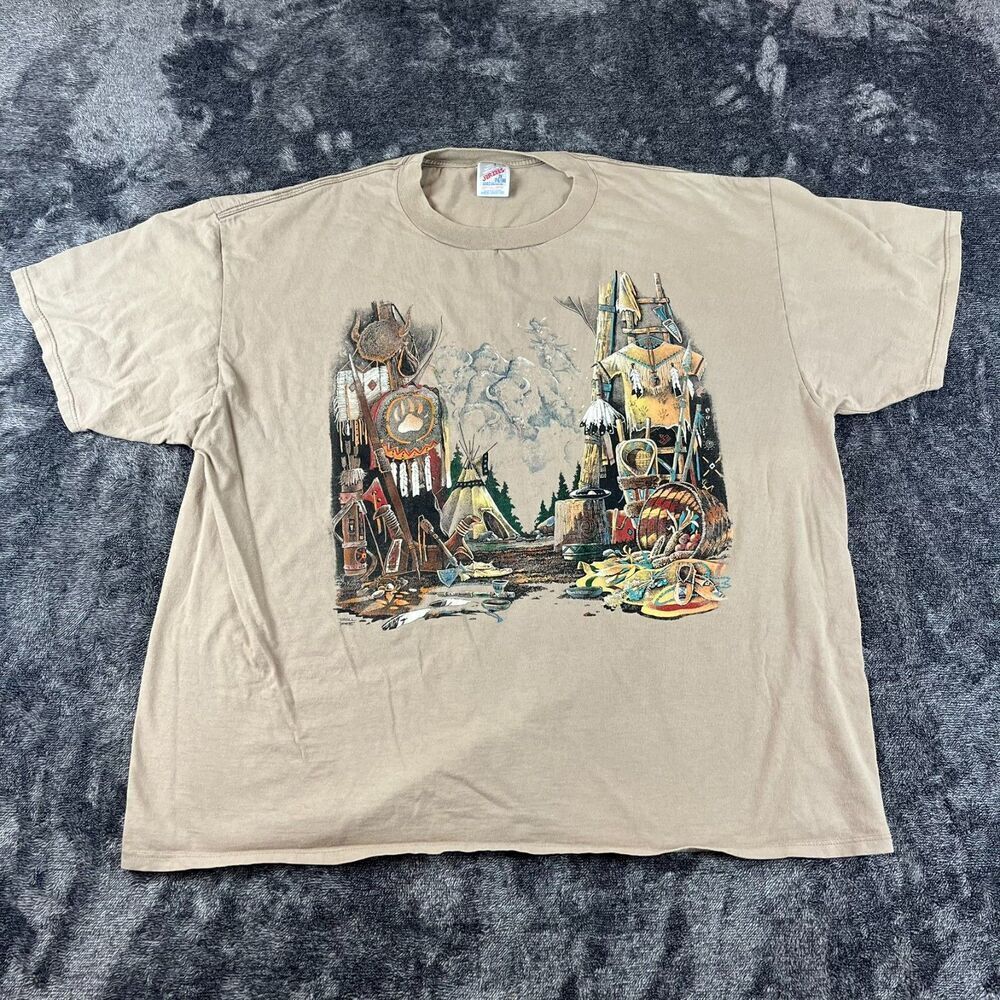 Vtg 90's Jerzees Native Tribal Artist T-Shirt Brown Short Sleeve Men's 2XL USA